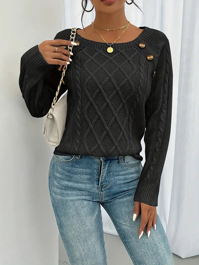 Pull Décontracté Col Carré avec Boutons et Manches Lanternes
