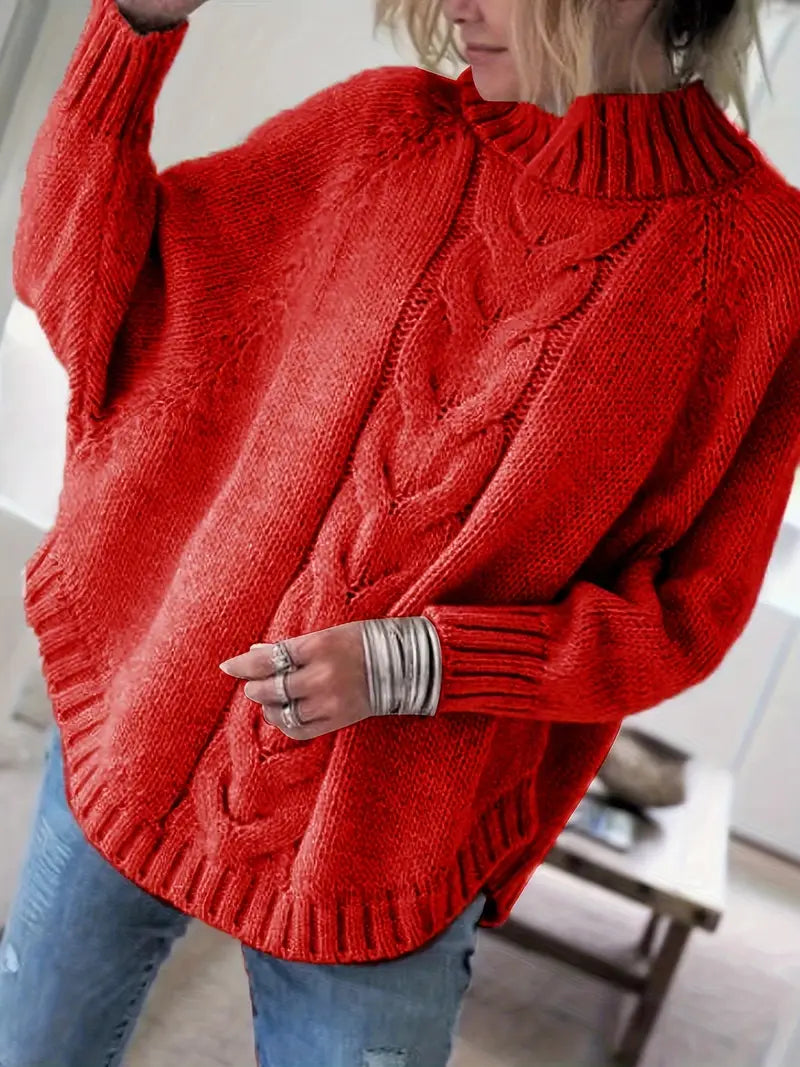 Pull vintage col haut  à motif câble et coupe ample