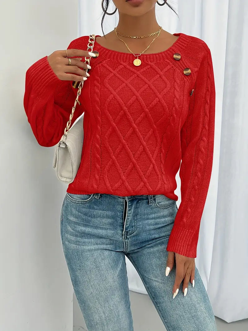 Pull Décontracté Col Carré avec Boutons et Manches Lanternes