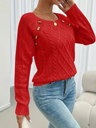 Pull Décontracté Col Carré avec Boutons et Manches Lanternes
