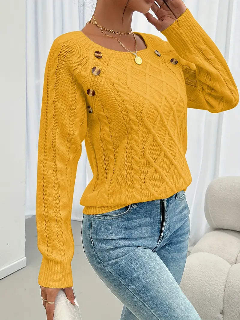 Pull Décontracté Col Carré avec Boutons et Manches Lanternes
