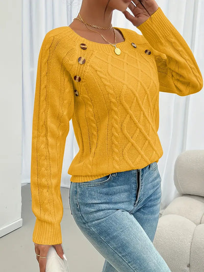 Pull Décontracté Col Carré avec Boutons et Manches Lanternes