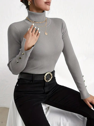 Pull en maille à manches longues col tortue décontracté faux boutons
