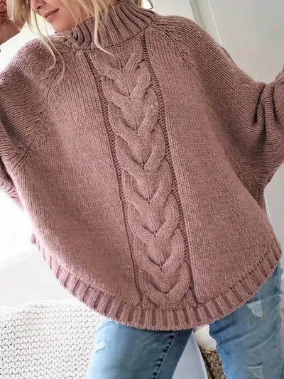 Pull vintage col haut  à motif câble et coupe ample