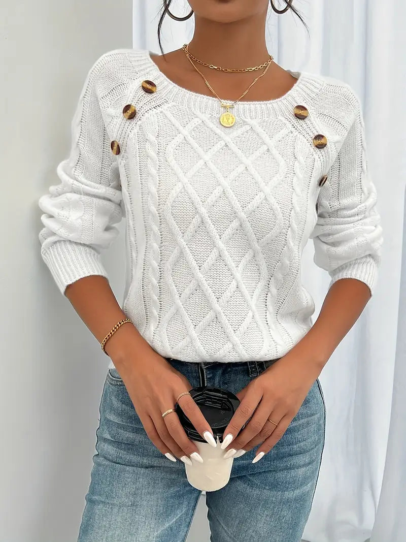 Pull Décontracté Col Carré avec Boutons et Manches Lanternes