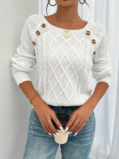 Pull Décontracté Col Carré avec Boutons et Manches Lanternes