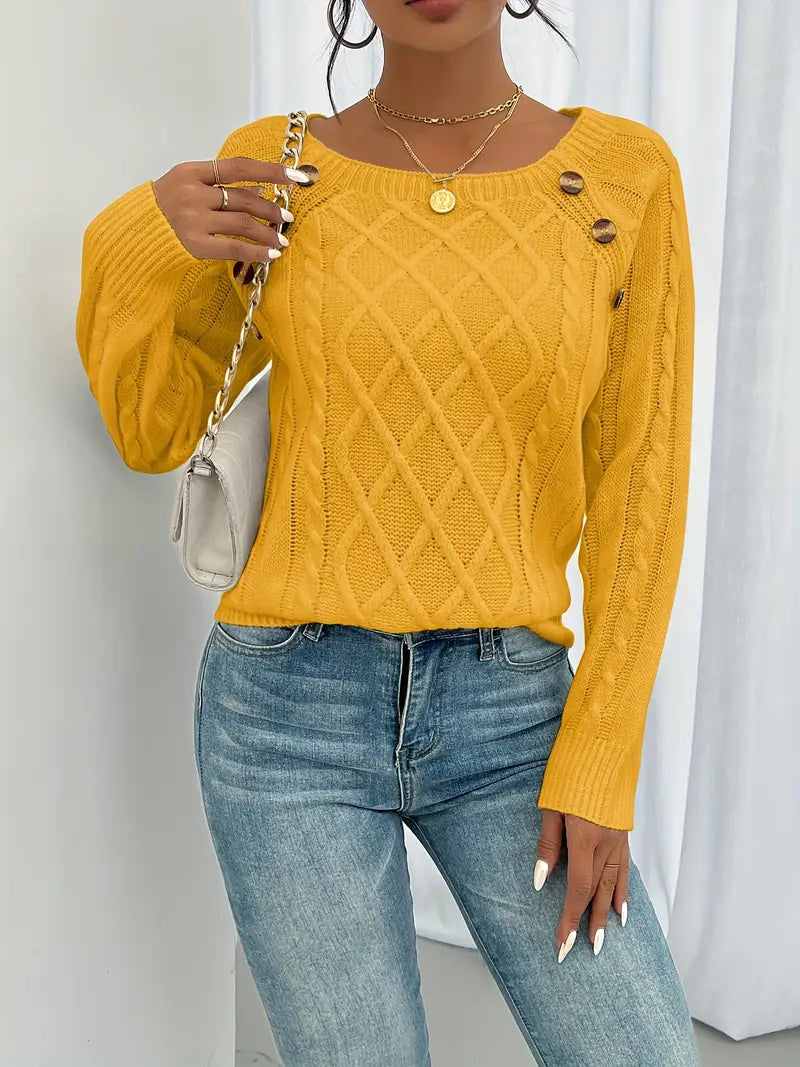 Pull Décontracté Col Carré avec Boutons et Manches Lanternes