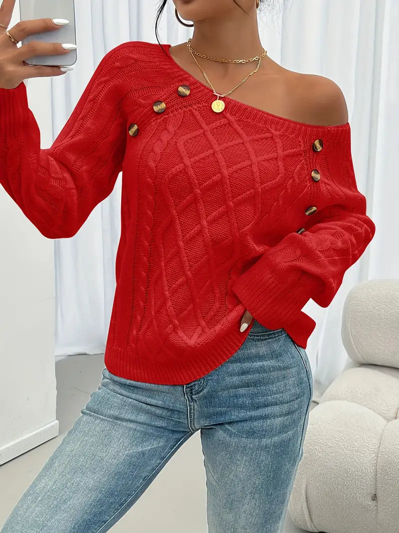 Pull Décontracté Col Carré avec Boutons et Manches Lanternes