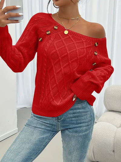 Pull Décontracté Col Carré avec Boutons et Manches Lanternes