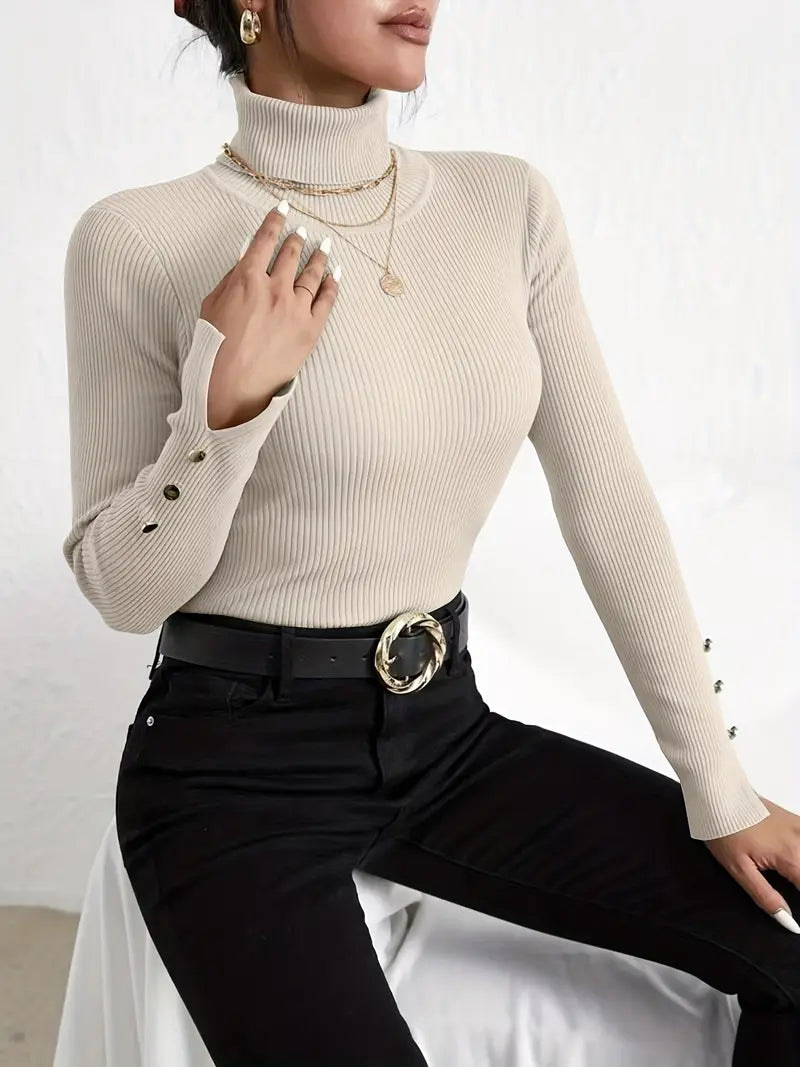 Pull en maille à manches longues col tortue décontracté faux boutons