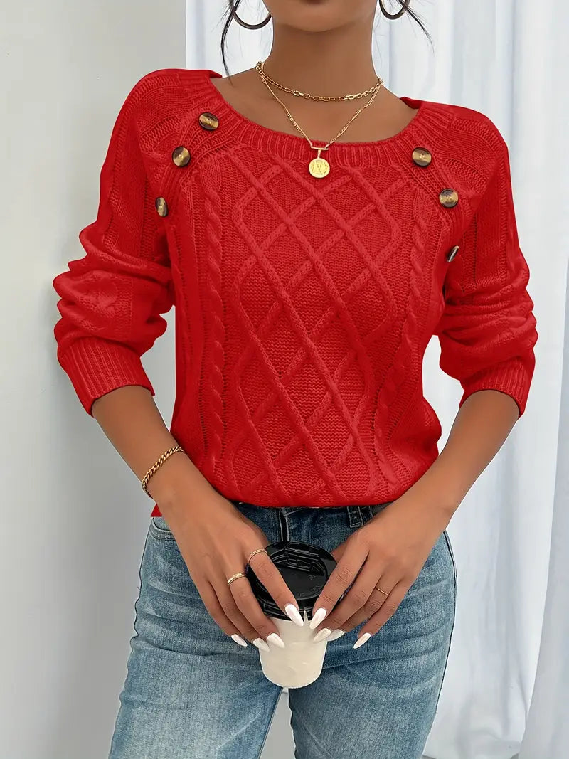 Pull Décontracté Col Carré avec Boutons et Manches Lanternes