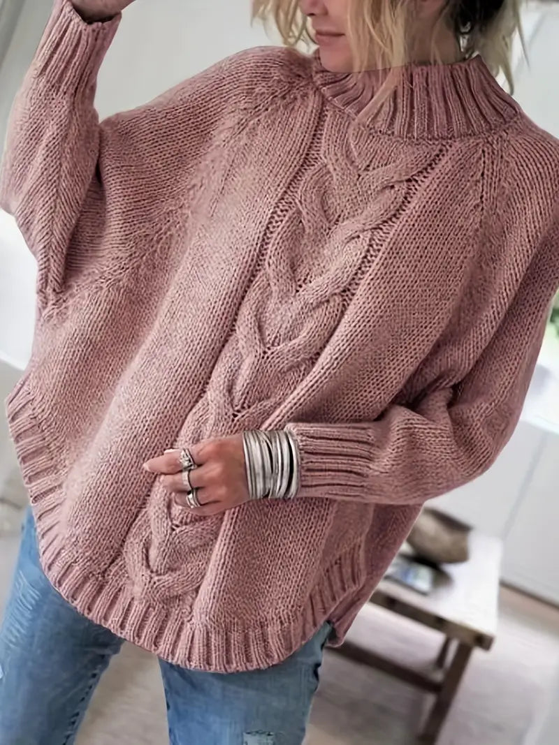 Pull vintage col haut  à motif câble et coupe ample