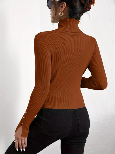 Pull en maille à manches longues col tortue décontracté faux boutons