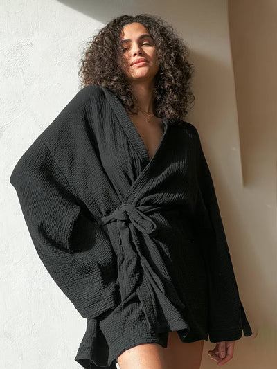 Kimono court en coton noir