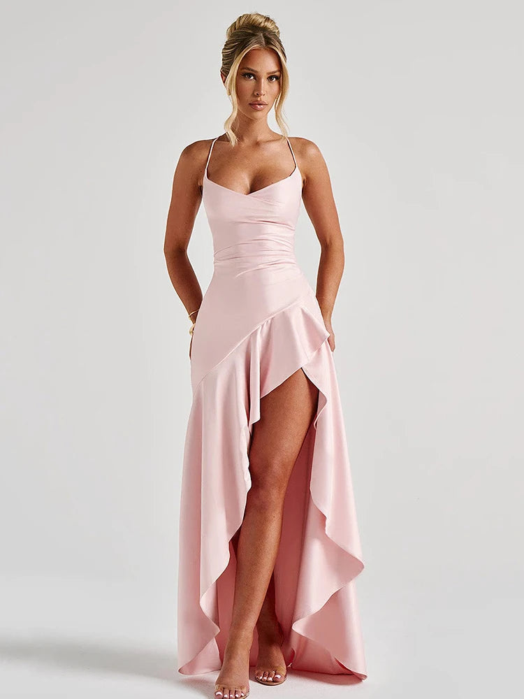 Robe longue ouverte à volants