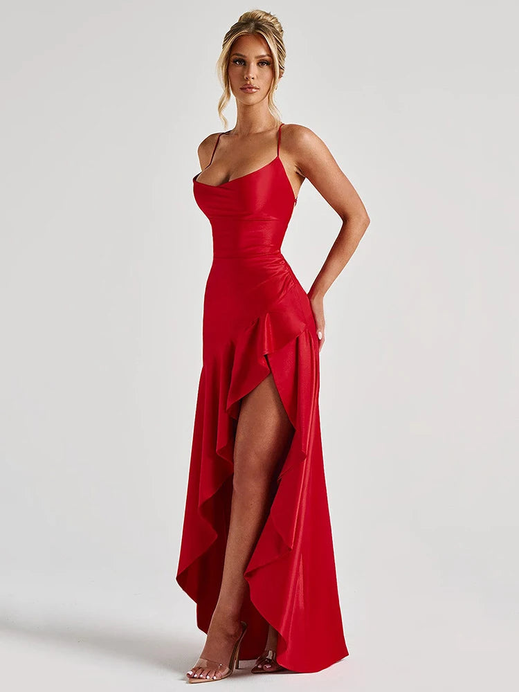 Robe longue ouverte à volants