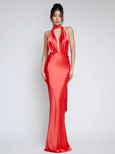 Robe dos nu satinée bretelles ultra longues
