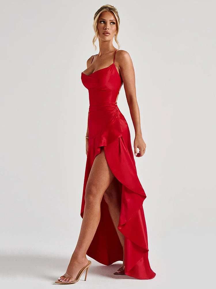 Robe longue ouverte à volants