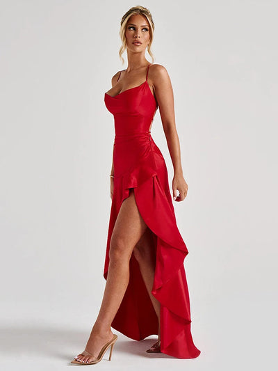 Robe longue ouverte à volants