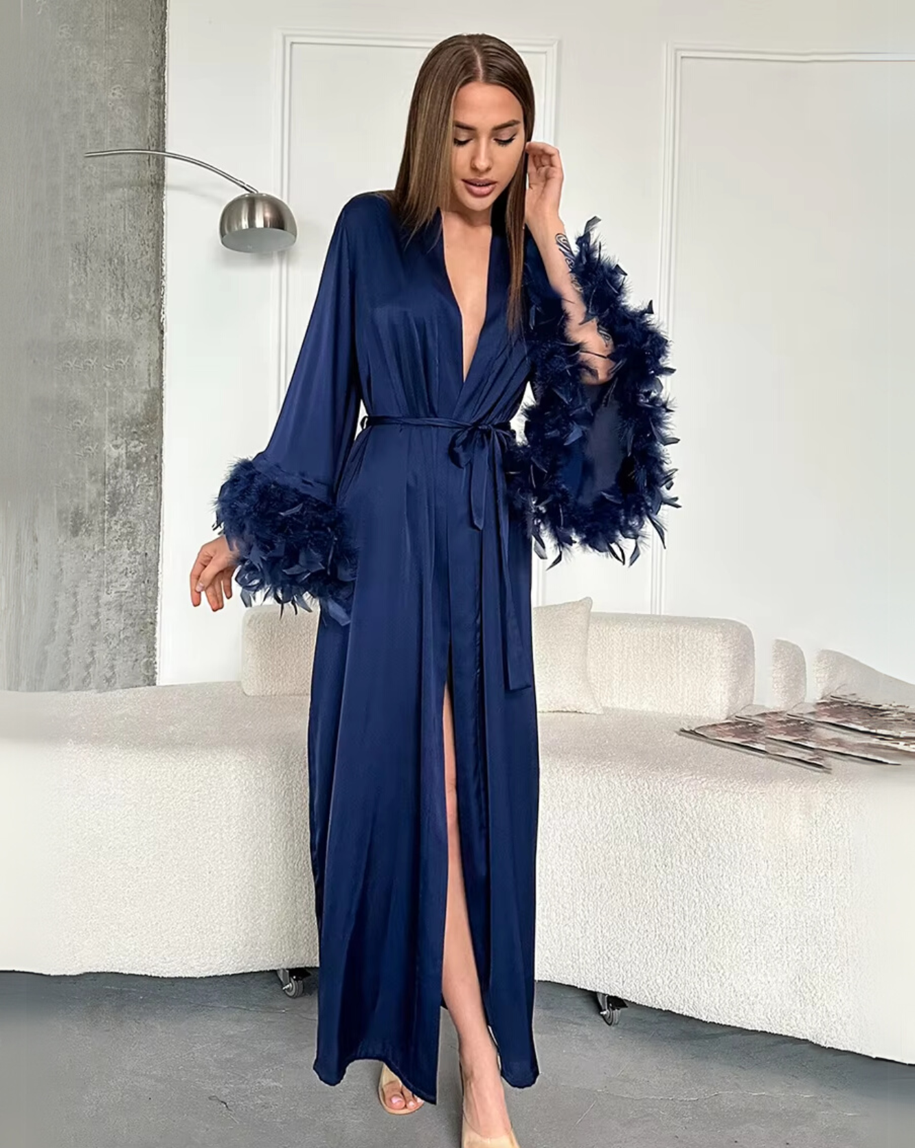 Kimono long manches à plumes
