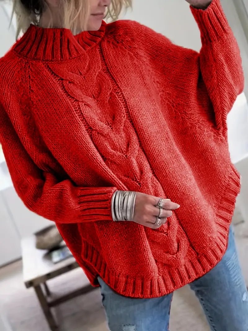 Pull vintage col haut  à motif câble et coupe ample