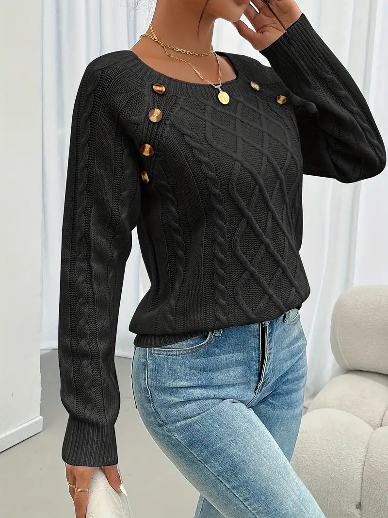 Pull Décontracté Col Carré avec Boutons et Manches Lanternes