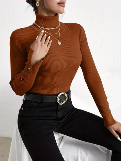 Pull en maille à manches longues col tortue décontracté faux boutons