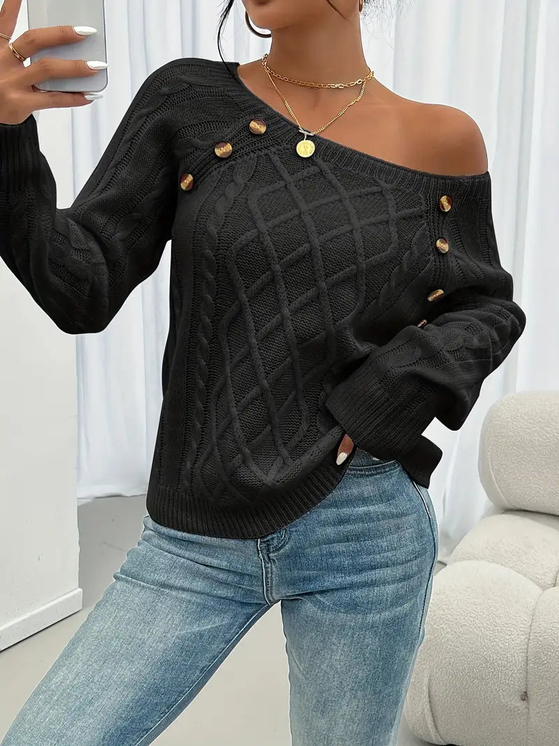Pull Décontracté Col Carré avec Boutons et Manches Lanternes