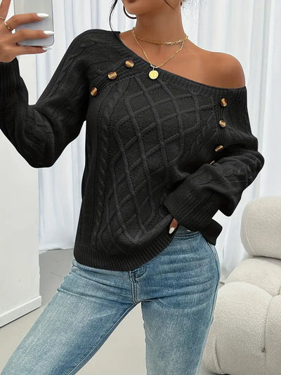 Pull Décontracté Col Carré avec Boutons et Manches Lanternes