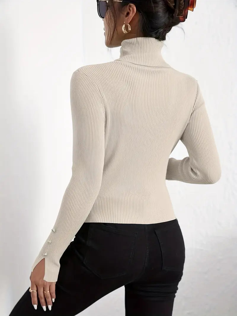 Pull en maille à manches longues col tortue décontracté faux boutons