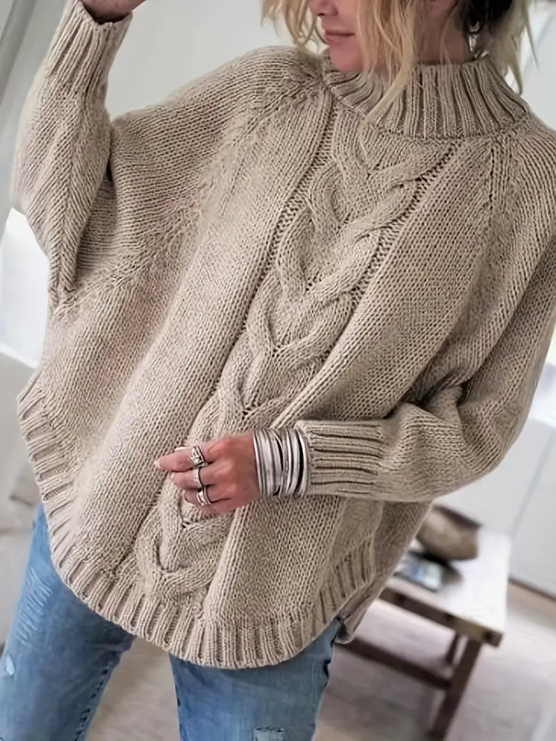 Pull vintage col haut  à motif câble et coupe ample