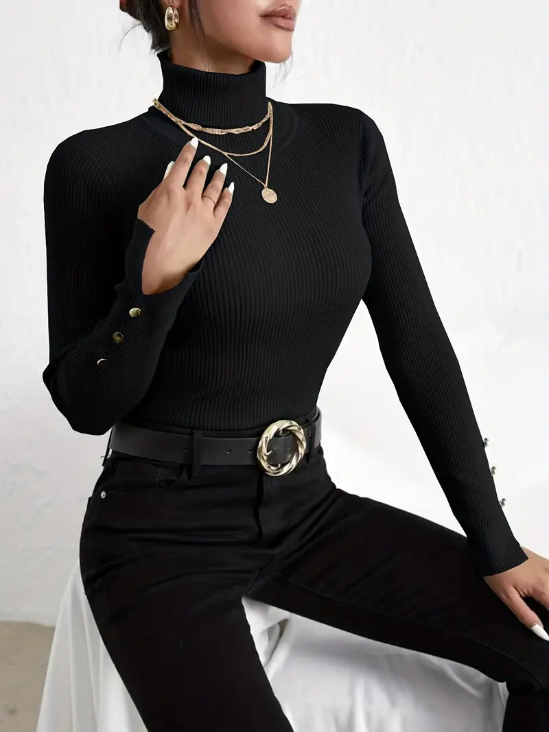 Pull en maille à manches longues col tortue décontracté faux boutons