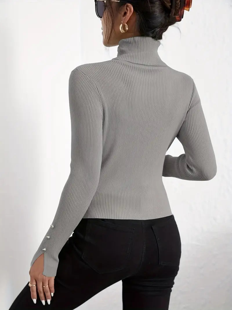Pull en maille à manches longues col tortue décontracté faux boutons