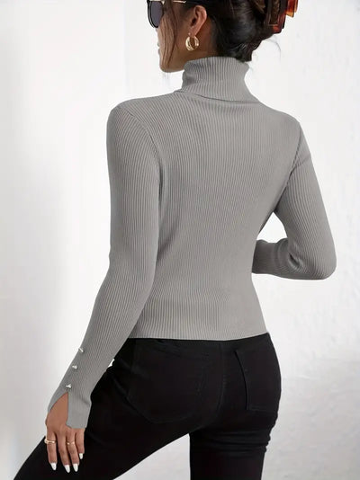 Pull en maille à manches longues col tortue décontracté faux boutons
